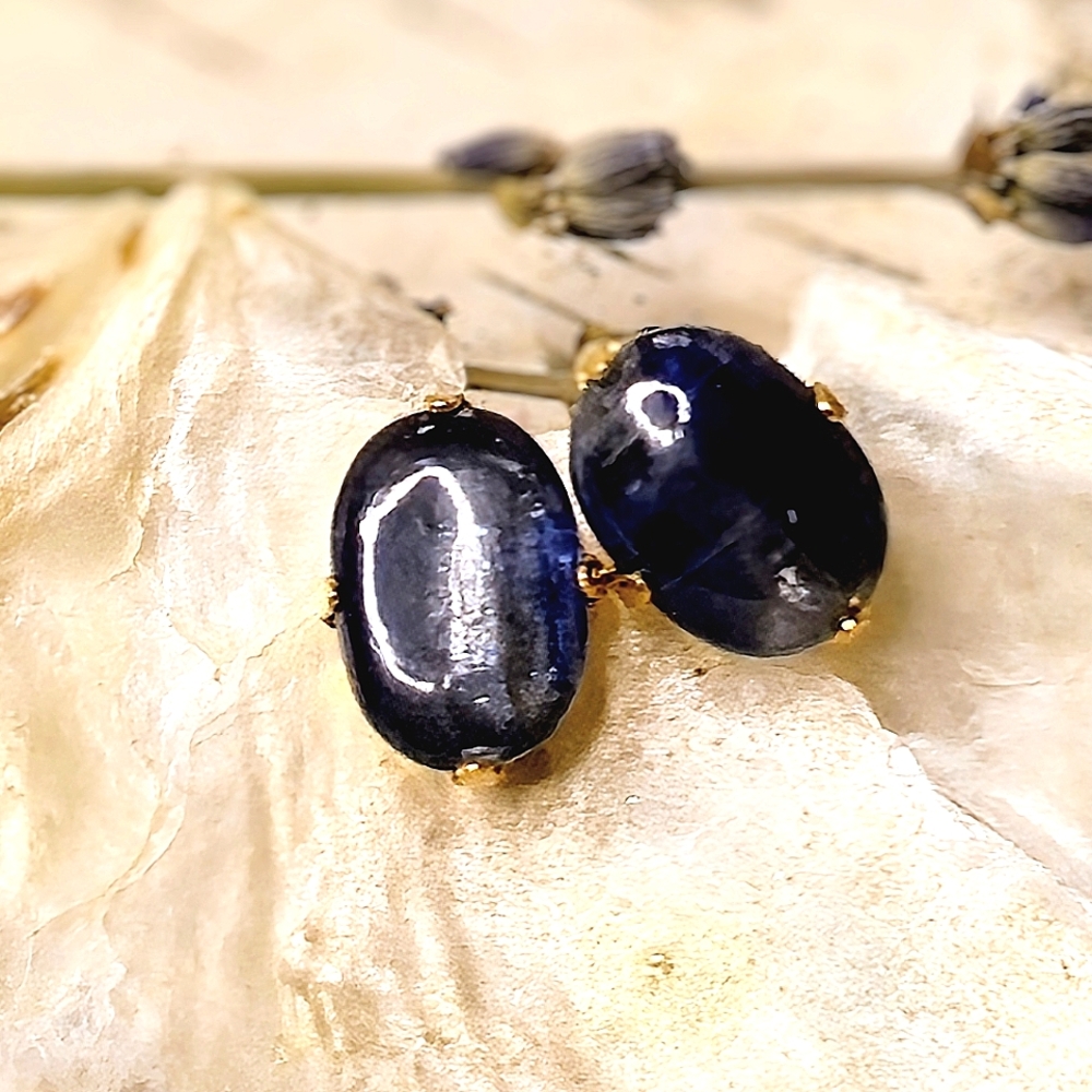 Genuine Natural Blue Kyanite Stud Earrings In Gold Plated